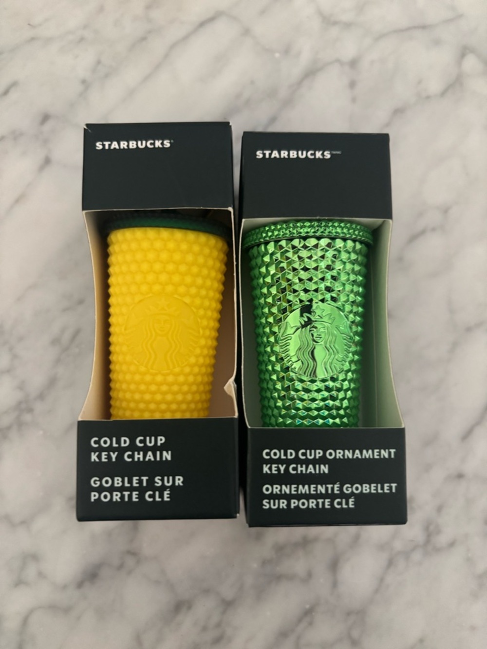Starbucks Yellow Studded Cold Cup & Metallic Green Ornament Key Chain Duo